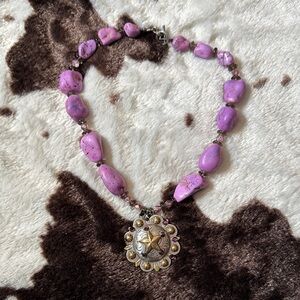 Purple Beaded Necklace with Silver Pendant